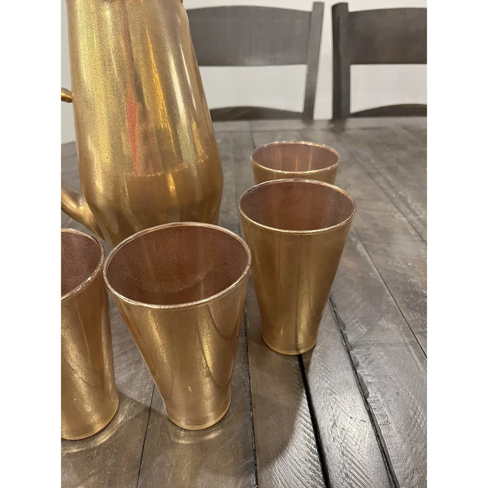 Vintage Gold Flecked/Splatter Pitcher w/‎ 6 Glasses West Virginia Glass Co MCM